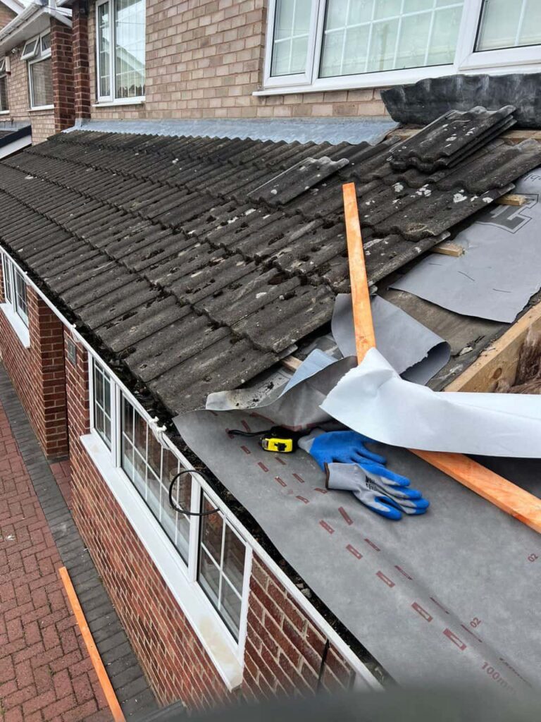 This is a photo of a pitched roof which is being repaired. The existing roof was leaking badly. Works carried out by LS Roofing Chorleywood